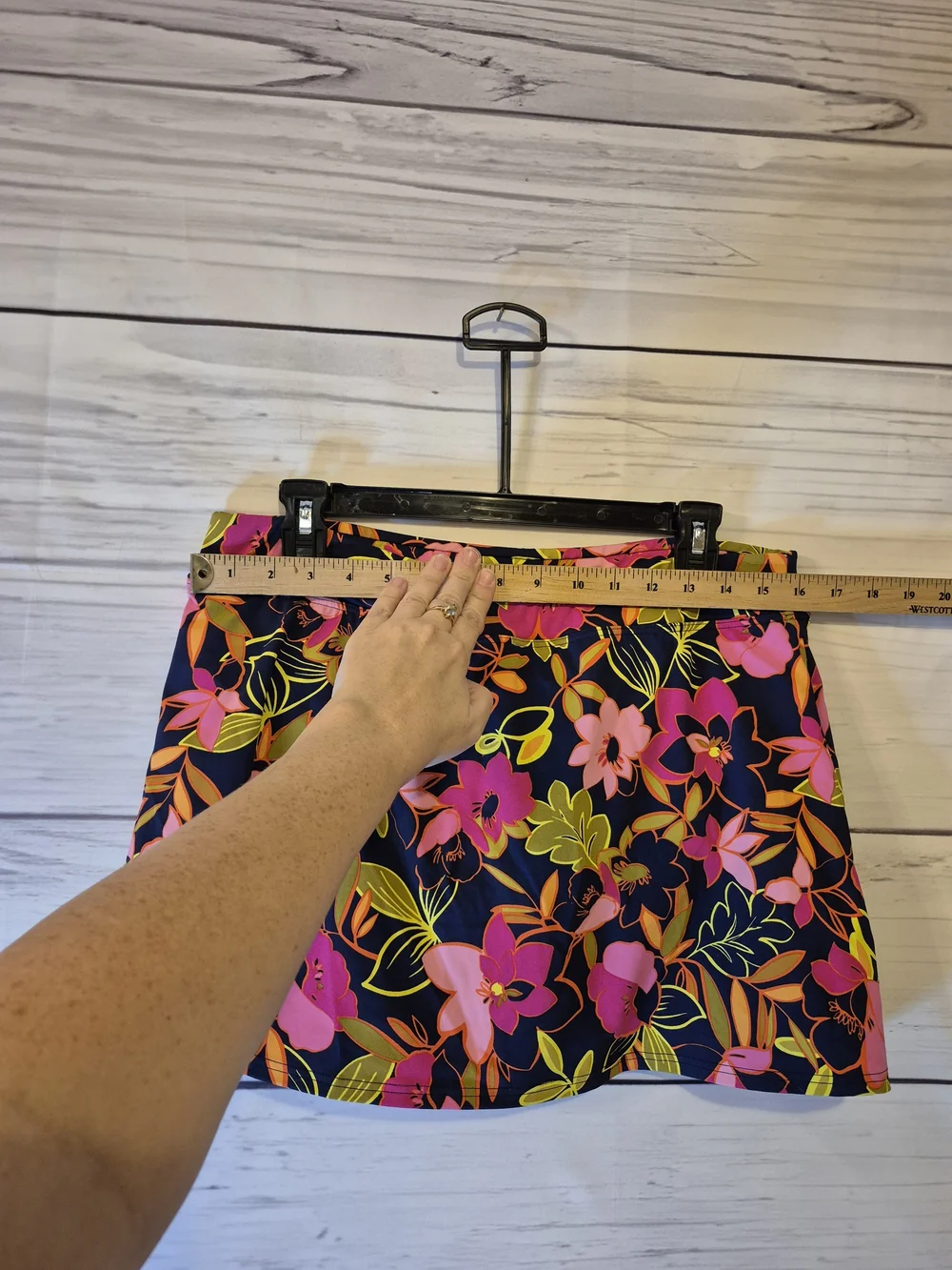 Lands' End Navy Swim Skirt with Pink & Yellow Tropical Floral Print 12 Petite